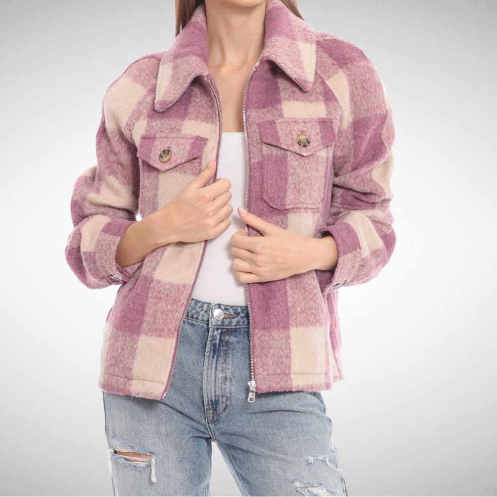 Avec Les Fille Pink/Oat Plaid Shacket Coat S
